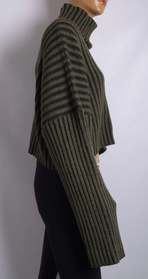 Balmain Women Green Sweater Wool Blend Striped Turtleneck Cropped Pullover Sz L - Image 2 of 4