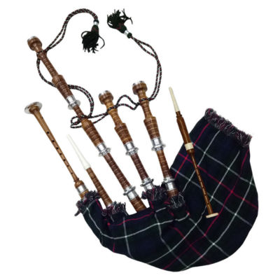 Scottish Highland Dudelsack volle Größe Silbermontierungen natürliches Finish mit Lehrbuch