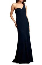 TADASHI SHOJI Midnight Navy One Shoulder Asymmetric Stretch Crepe Gown Train M 8