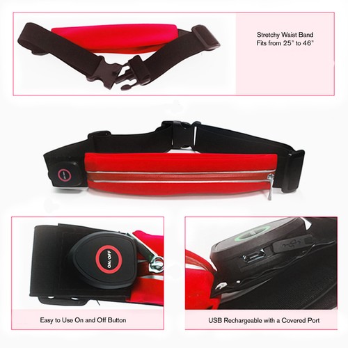 Red LED Running Belt Waist Bag Light Up Waterproof USB Rechargeable Night Safety - Picture 5 of 11