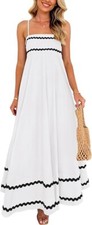 White Maxi Dress With Black Trim Sleeveless Adjustable Spaghetti Straps Flowy Fi