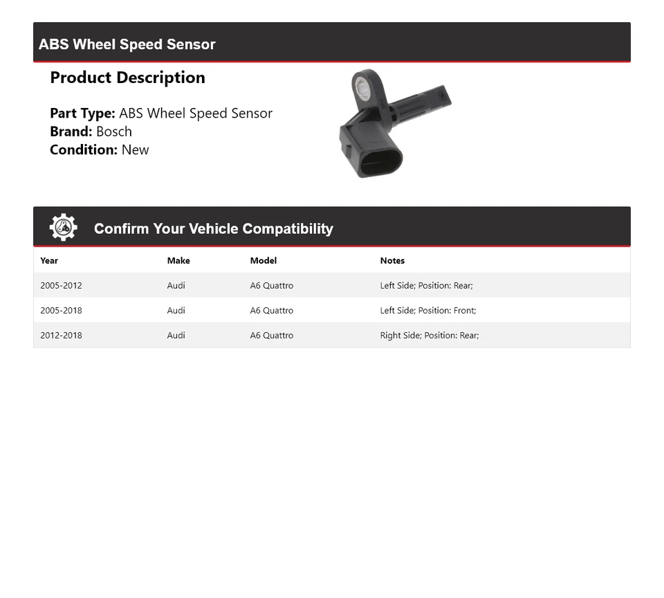 Sensor de velocidad de rueda ABS para Audi A6 Quattro Bosch 2005-2018 2006 2007 2008 2009 Foto 2 de 3