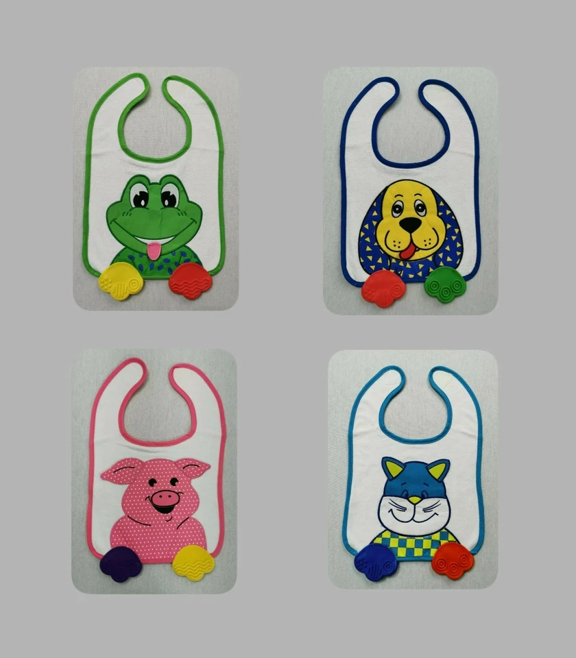 Baby Zahnen Lätzchen mit 2 Silikon Zähne Halskauen Hund Frosch Katze Schwein