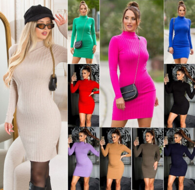 Koucla Mini Dress Long Sleeve High Neck Knit Dress Rib Knit Dress Milax Fashion