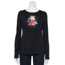 Holiday Cat Black T-Shirt Sz XXL Kitty In Stocking Long Sleeve Croft Barrow New