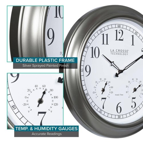 La Crosse Technology Atomic Analog Clock 18" Pewter W/ Thermometer HygrometeR - Picture 4 of 7