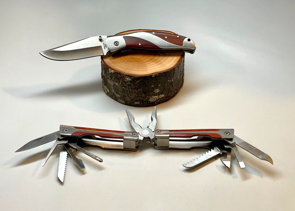 Multi Tool and Folding Knife Set - Stainless Steel Blades w/Wood Handle Inlays
