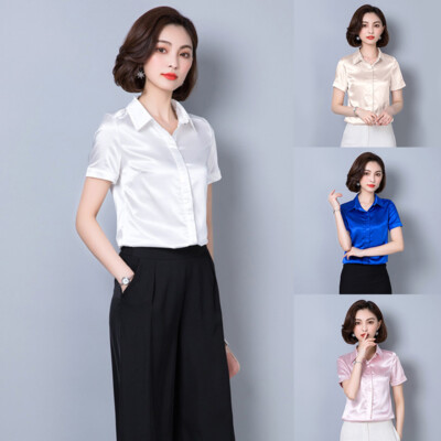 Womens Silk-like Short Sleeve Shirt Satin Smart Casual Blouse Top