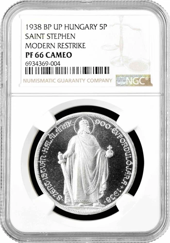 Hungary 5 pengo 1938 BP UP, NGC PF66 CAM RESTRIKE, "Death of Saint Stephen I"
