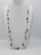 A633-VINTAGE NECKLACE~CHARMING CHARLIE~BLUE/SILVER TONE BEADED~36"-38"
