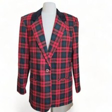 Vintage 90s Holiday Plaid Blazer Womens 14 Academia Sag Harbor Tartan Velvet