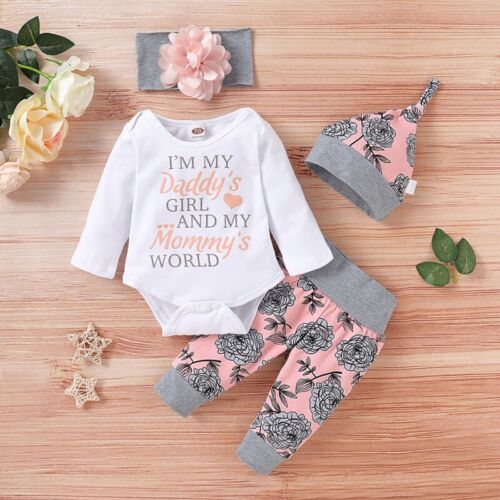 4Pcs Baby Girls Romper Tops Floral Pants Headband Hat Clothes Outfit Set AU - Picture 1 of 10