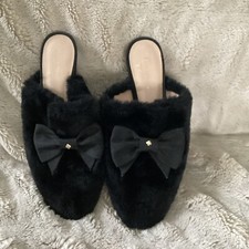 KATE SPADE Jocelyn Black Faux Fur Big Grosgrain Bow Slipper Slide Shoe 8.5