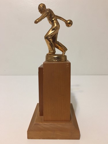 Vintage 50s Mens Bowling Trophy Gold Metal Topper Wood 1952 Pasadena CA 1950s - Picture 6 of 7