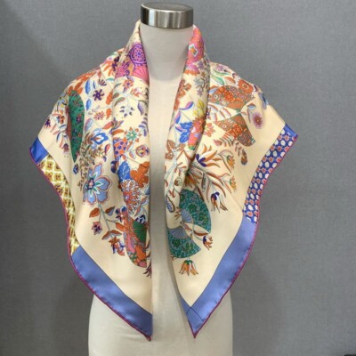 Pure Twill Silk ~18 Momme~ Double Face Scarf Stole Fans Print Square Shawl 35''