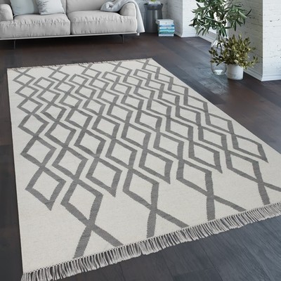 Teppich Wohnzimmer Boho Stil Fransen Handgewebt Woll-Baumwoll Gemisch Grau Creme