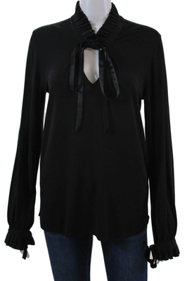 #ad Givenchy Womens Long Sleeve Keyhole Pleated Trim Knit Top Black Size FR 38 $55.01