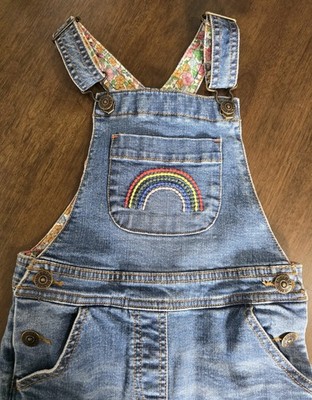 Mini Boden Girls Embroidered Rainbow Denim Jean Overalls Pants Size 3-4Y