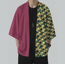 Unisex Burgundy and Geometric Green/Yellow Pattern Japanese Haori Style