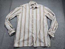 Canali Shirt Mens Large Brown Blue Stripe Spread Collar Cotton Made in Italy