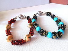 Lot of 2 Silvertone Teal / Brown Multi-color Beaded Magnetic Closure Bracelets