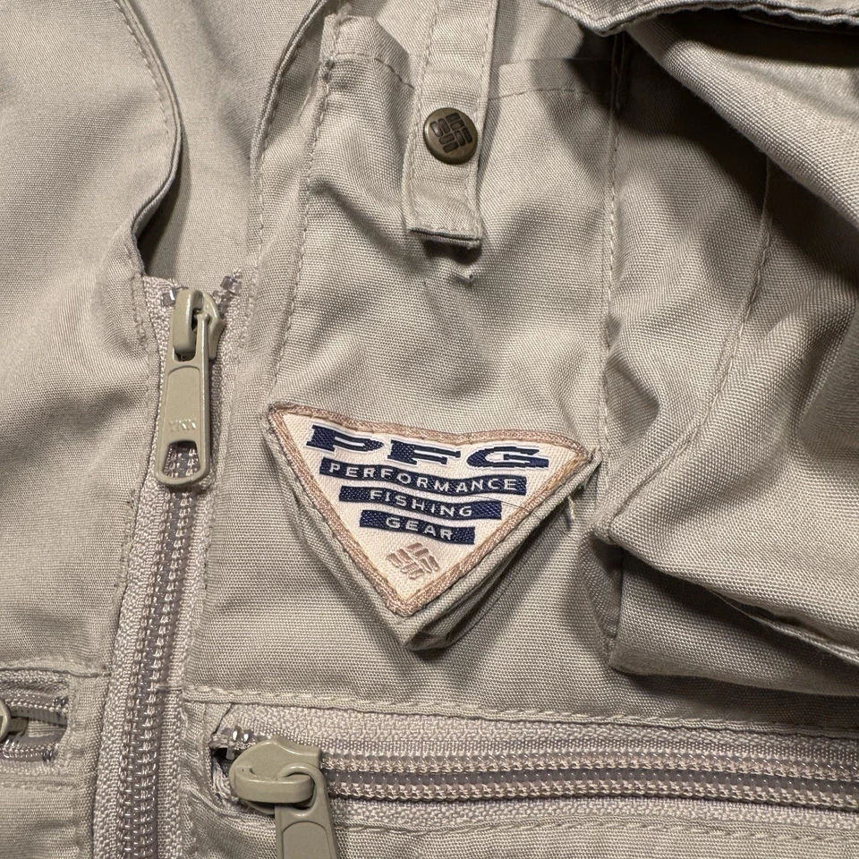 Columbia PFG Chaleco de Pesca Para Hombre Grande Caqui Multi Bolsillo Utilitario Cremallera Frontal FM100 Foto 4 de 4