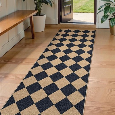 Checkerboard Jute Runner Rug 2x8 ft Non Slip Washable
