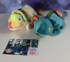 Ty Beanie Baby Par de Camaleones - Iggy y Arco Iris con Etiquetas y Tarjeta Coleccionable
