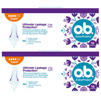 o.b. ExtraProtect Super Tampons Heavy Flow Night Protection 16 Count (Set Of 2)