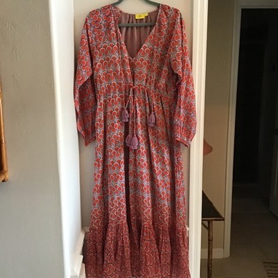 Roller Rabbit Maxi Dress Blue Orange Blush Tassel V-Neck Tiered Boho Sz XS EXC