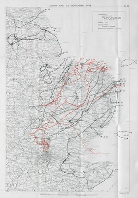 WW1 German Airship raid September 1916 Eastern England Norfolk Enfield 1930 map