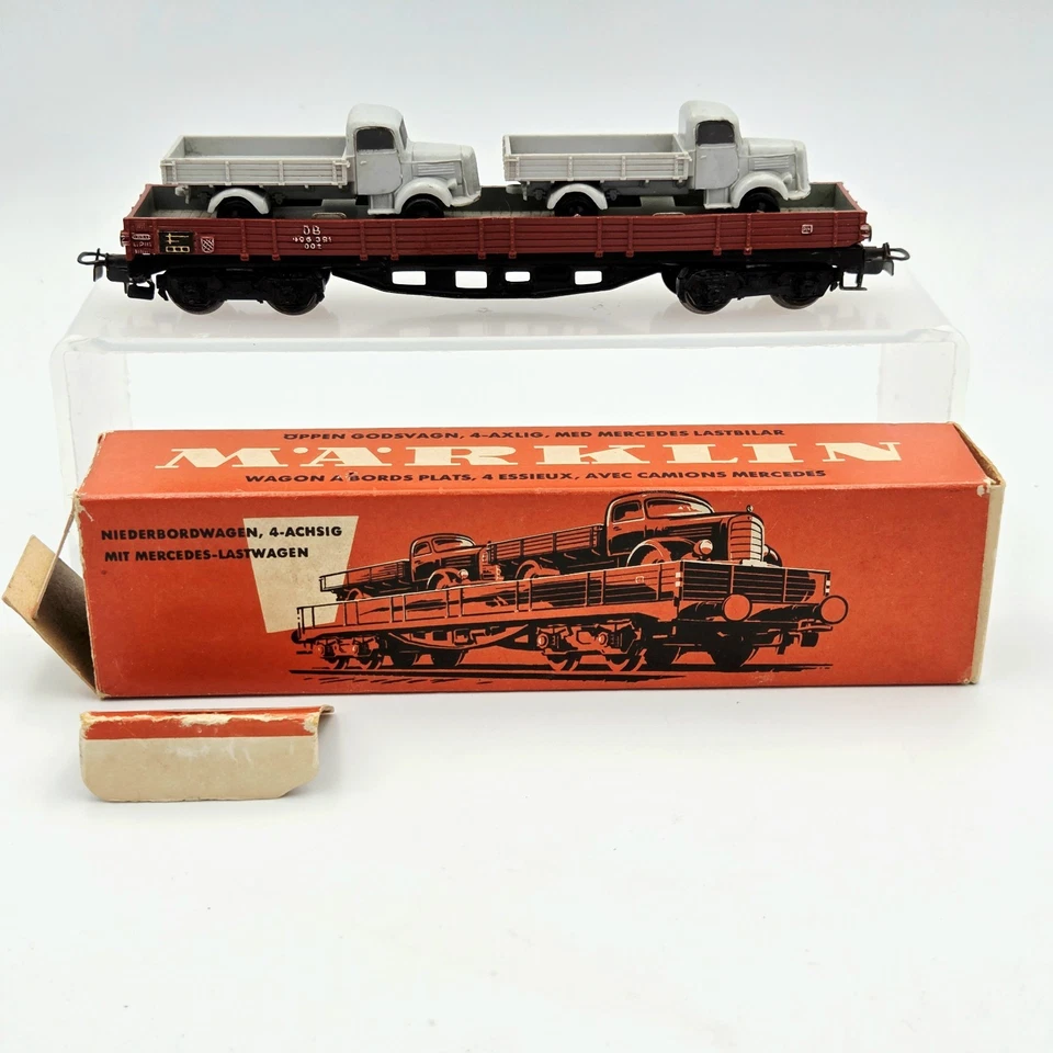 Marklin #4515 HO Low Sided 4 Axle Gondola Bogie Car w/ 2 Mercedes Truck 1957 Box - Image 2 of 4