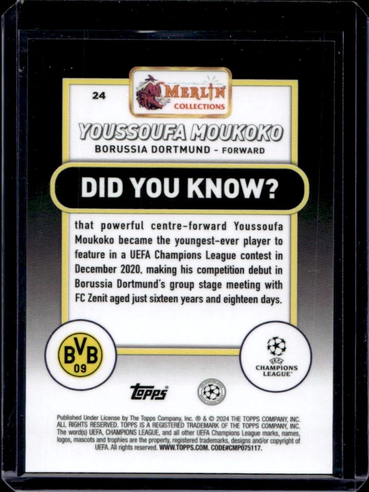 2023-24 Topps Chrome Merlin UEFA Youssoufa Moukoko Purple Wave Refractor #11/15 - Image 2 of 2