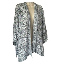 Max Studio 2X Open Front Kimono Cardigan Blue Green Floral Tile Print Boho Plus