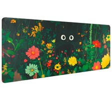 Green Floral Plants Leather Desk Mat Black Cat Keyboard Mouse Pad 31.5x15.7 Inch