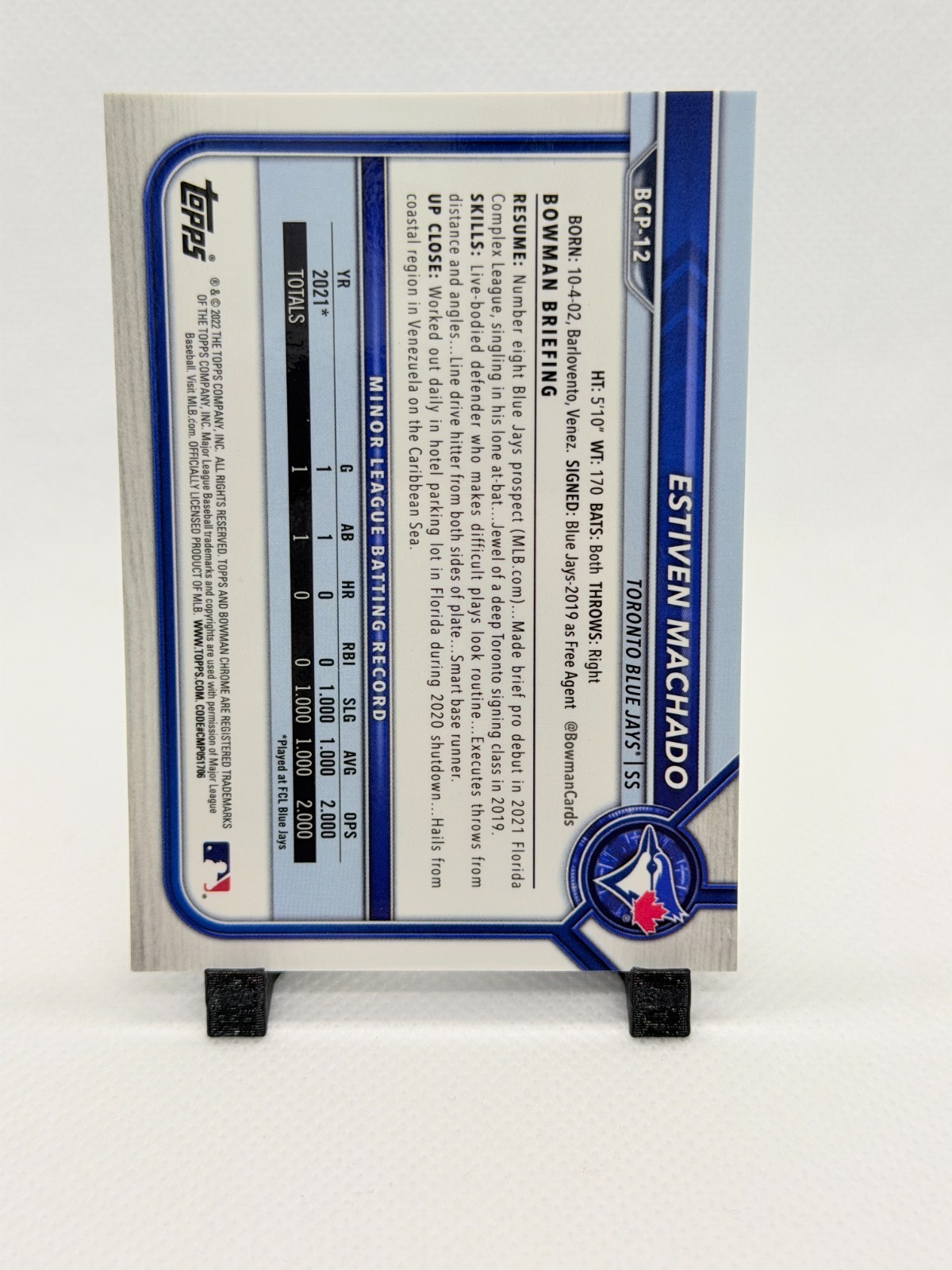 2022 Bowman Chrome 1st Estiven Machado Purple Refractor /250 #BCP-12 Blue Jays view 2