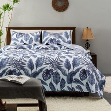 Tropical Plants Quilt Set King Size 3 Pieces Blue Palm Leaves Rainforest Style