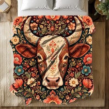 Folk Floral Cow Portrait Coral Fleece Blanket Farmhouse Decor