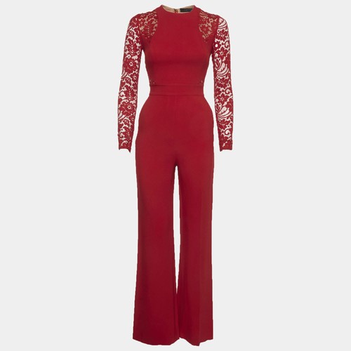 Elie Saab Red Stretch Knit and Lace Long Sleeve Jumpsuit S
