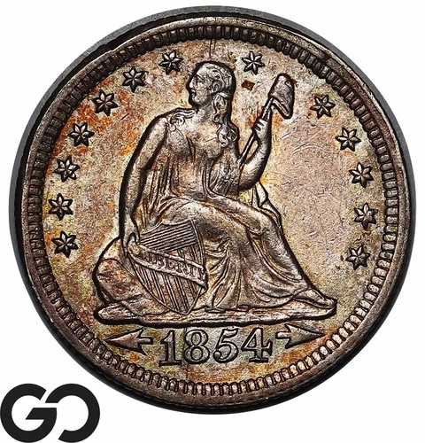 1854 Seated Liberty Quarter, Arrows, Choice Unc++ Tougher Date Album Toner