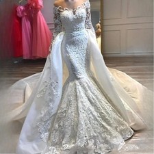 Sheer Long Sleeves Lace Mermaid Wedding Dresses Tulle Applique Beaded BridalGown