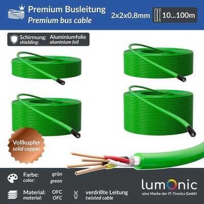 Premium Busleitung 2x2x0,8mm 10-100m, Vollkupfer OFC, geschirmt, grün mit Meterm