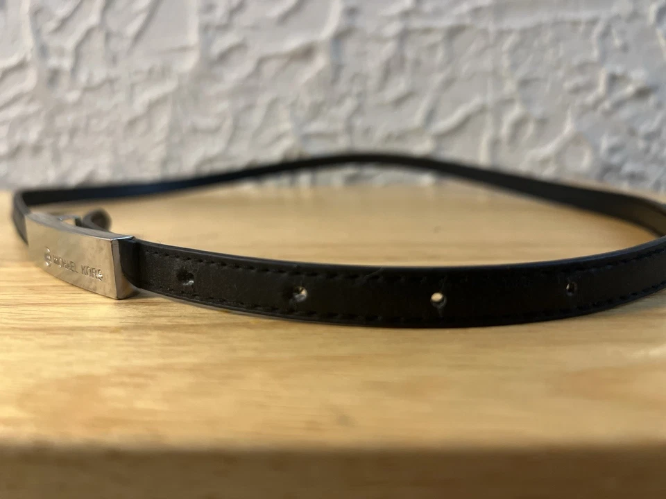 Michael Kors Black Leather Skinny Belt Silver Buckle 34.5” Women’s Designer - Image 2 of 4