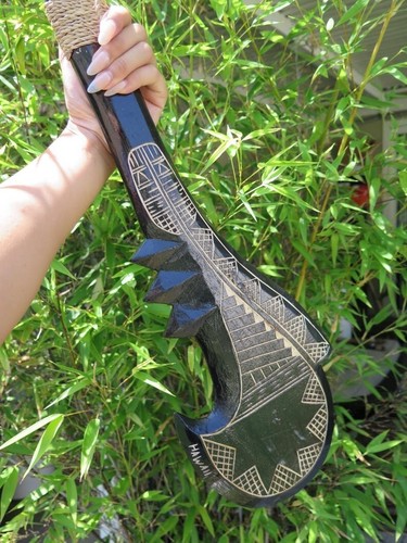 Hawaiian Engraved Hand Made Wall Decor Solid Wood Tribal Hook War Club Weapon - Picture 2 of 8