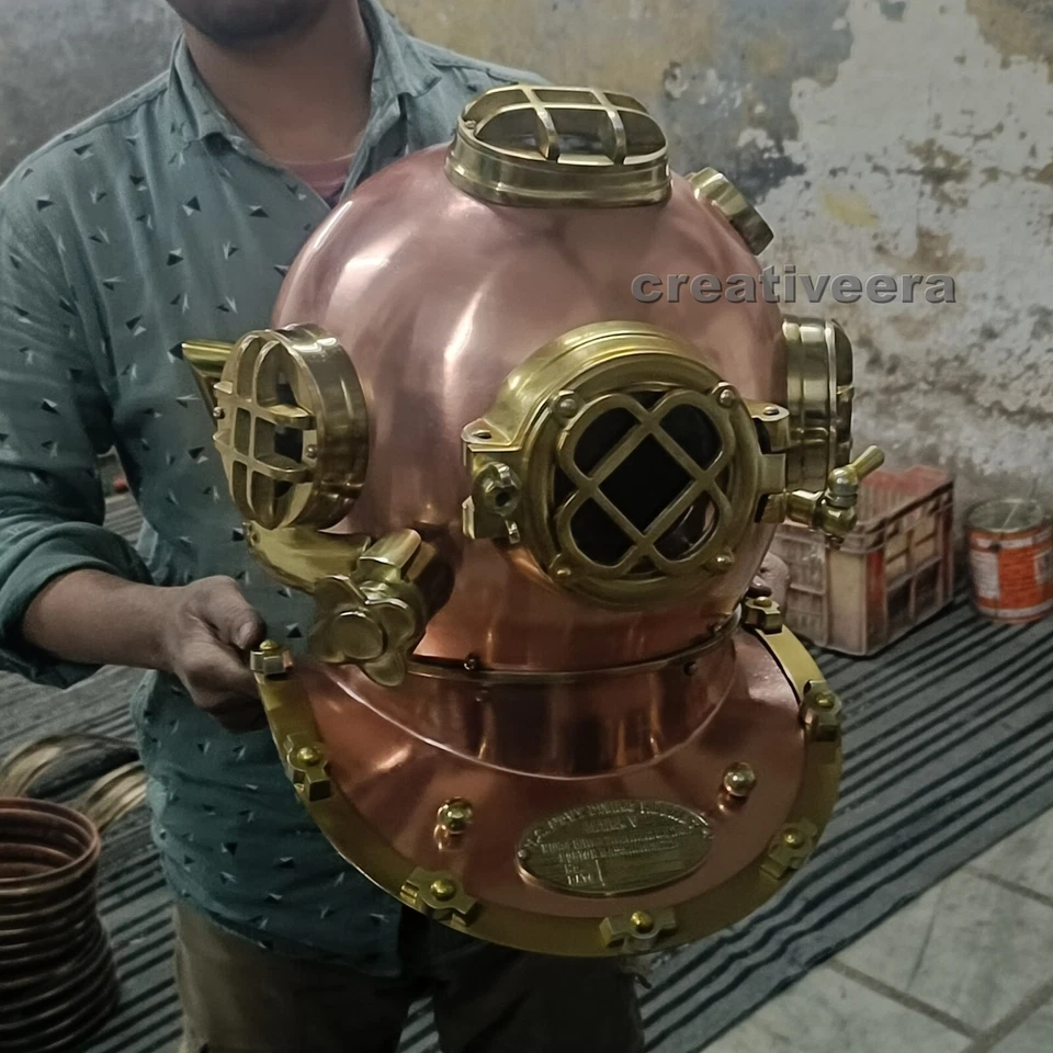 Casco de buceo de latón macizo antiguo cobre de la Marina de los Estados Unidos Mark V tamaño completo Foto 3 de 4