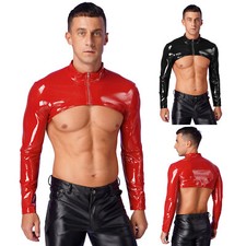 Men's Patent Leather Long Arm Sleeve Crop Top Cutout Zipper Half Tops Clubwear