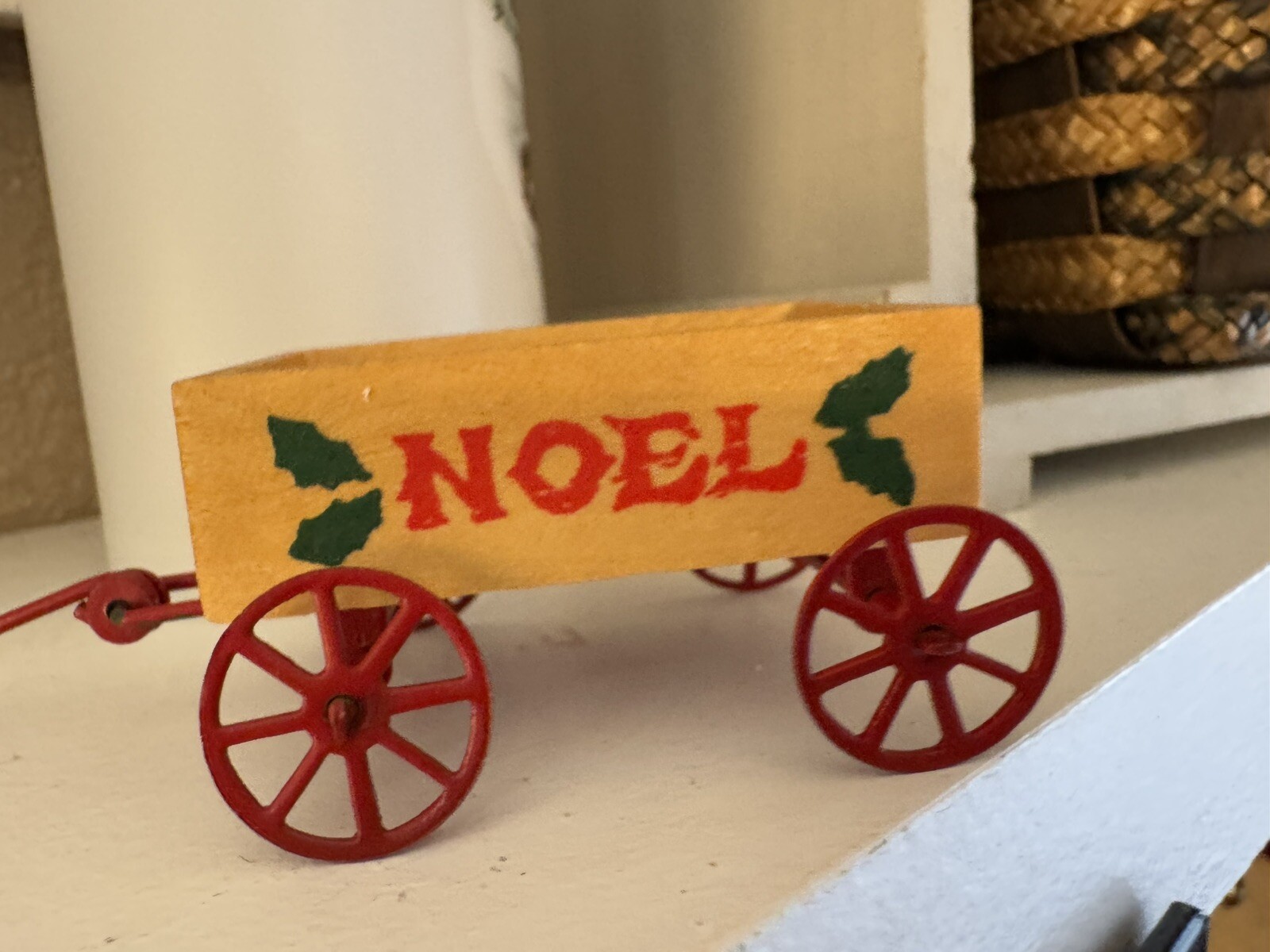 Vintage Noel Wood Wagon with Metal Wheels Christmas Ornament Dollhouse Miniature Decor
