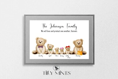 TILLY MINT PRINTS Personalised Teddy Family Print, Supr Cute Gift Mothers Day, 3 sizes, Mum Gift