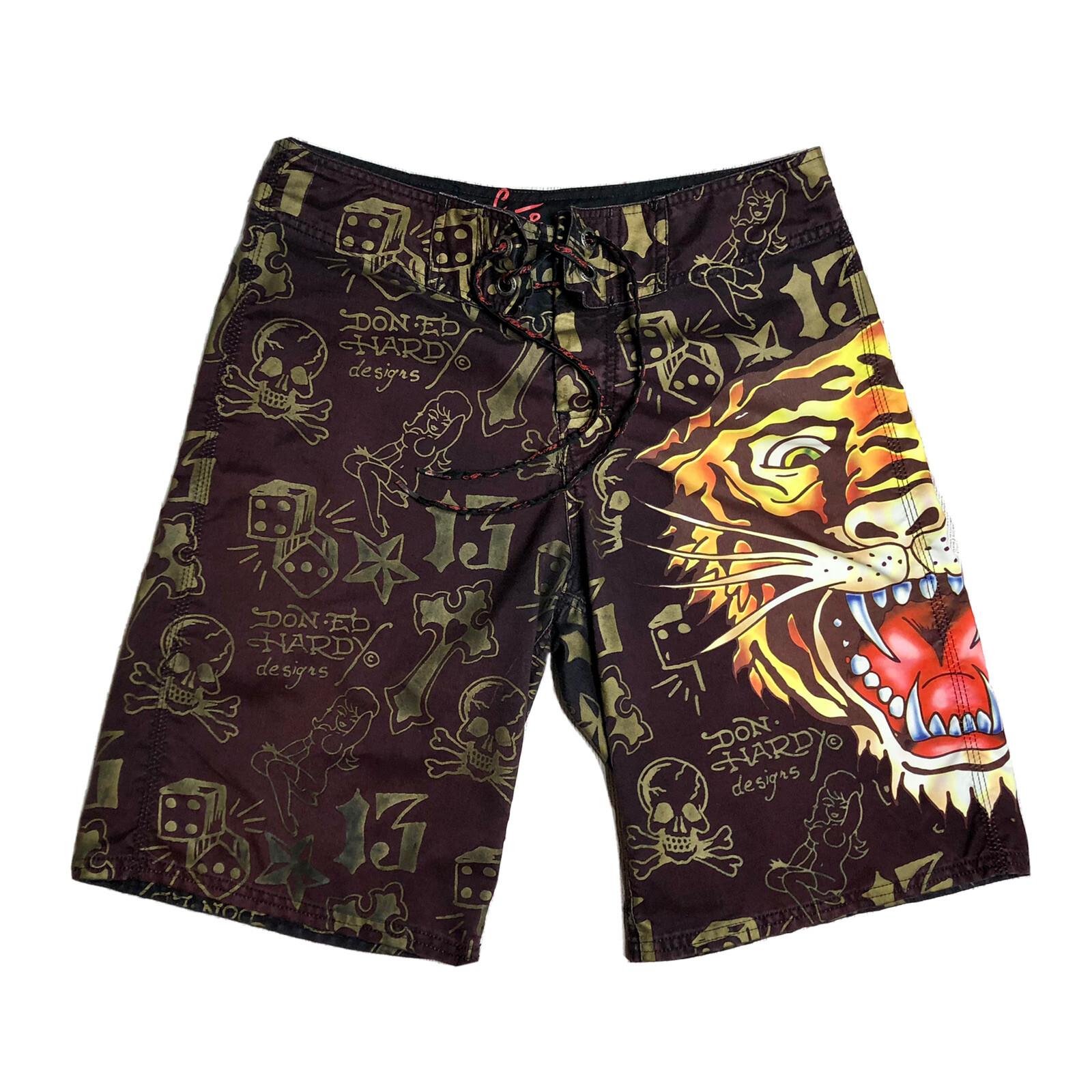 Ed Hardy Surf or Die Tiger Tattoo Skull Board Shorts … Gem