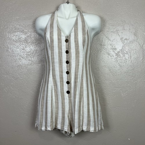 Mameluco halter corto forrado a rayas beige/blanco talla grande para mujer - Imagen 8 de 14